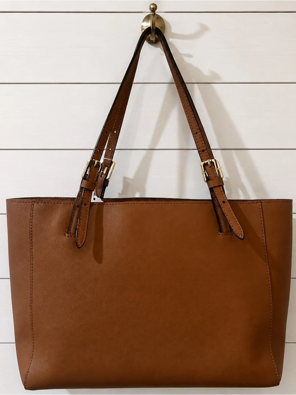 Tory Burch Brown Leather Double-Handle Tote with Gold Logo. Medium Size